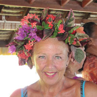 Gillian Farr (in a handmade Polynesian headdress)