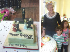 Peggy Spencer's birthday - a birthday cake made by a pupil and at home with Jakey and Katya