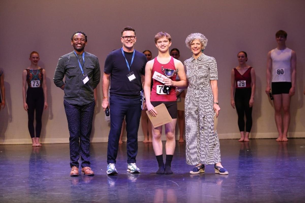 Premier Adjudicators – Bafana Matea, David Leighton, and Tereza Theodoulou with our Premier Winner- Cameron Jones